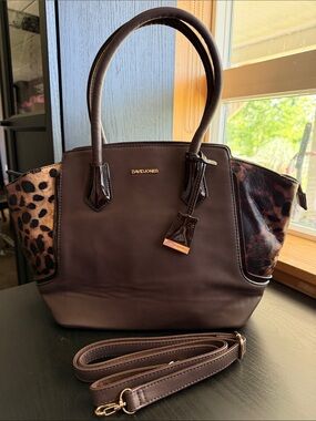 David Jones Brown Satchel with Leopard Accent